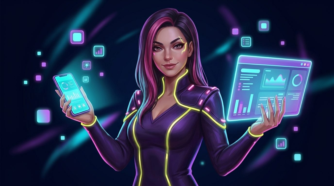 Slotoro Casino — przedstawicielka marki trzyma smartfon i tablet, dwa sposoby gry